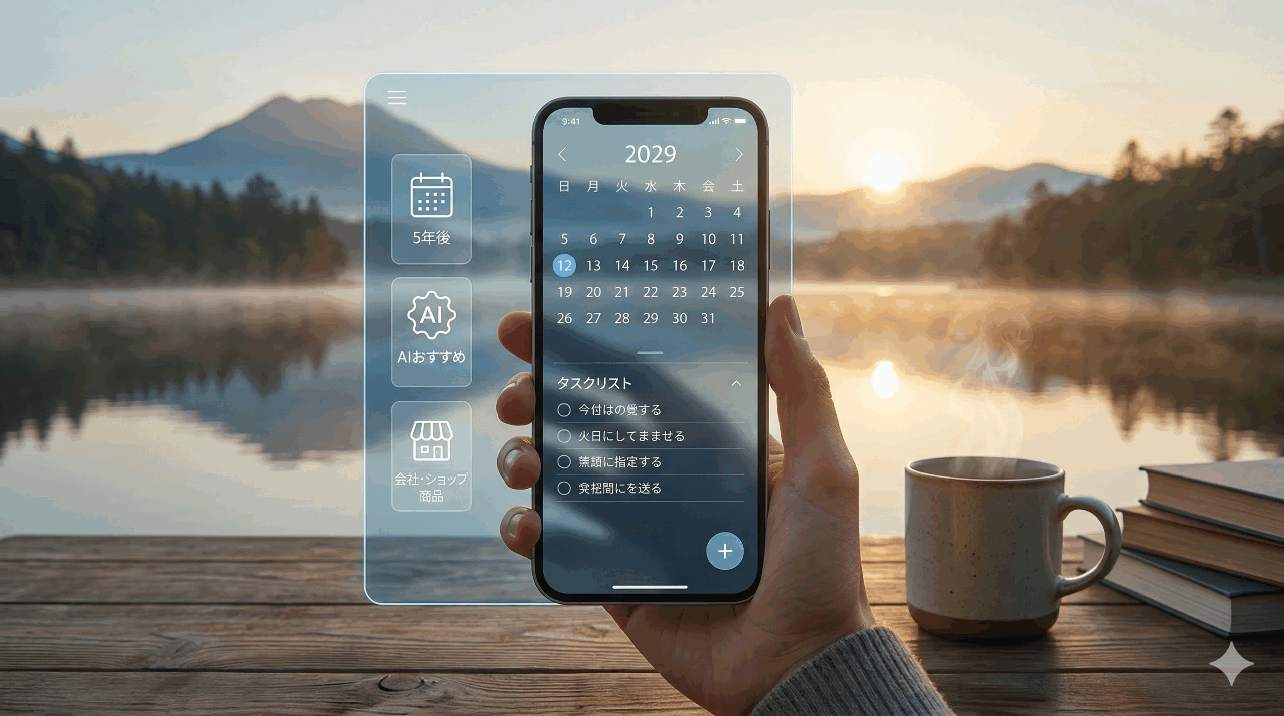 阿寒湖の静かな朝の風景に、スマホを見て、AIと会話している。